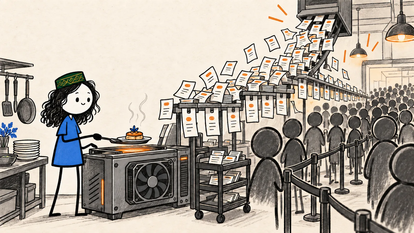 Serega at one GPU stove while a production queue and request tickets flood the kitchen